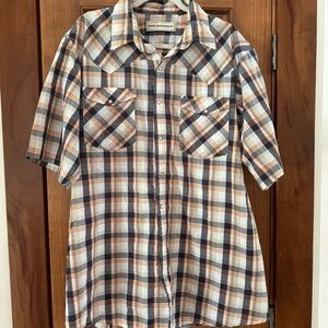 Bit & Bridle Pearl Snap Shirt Men’s Tall 2XLT Cream Navy Plaid Western Cowboy